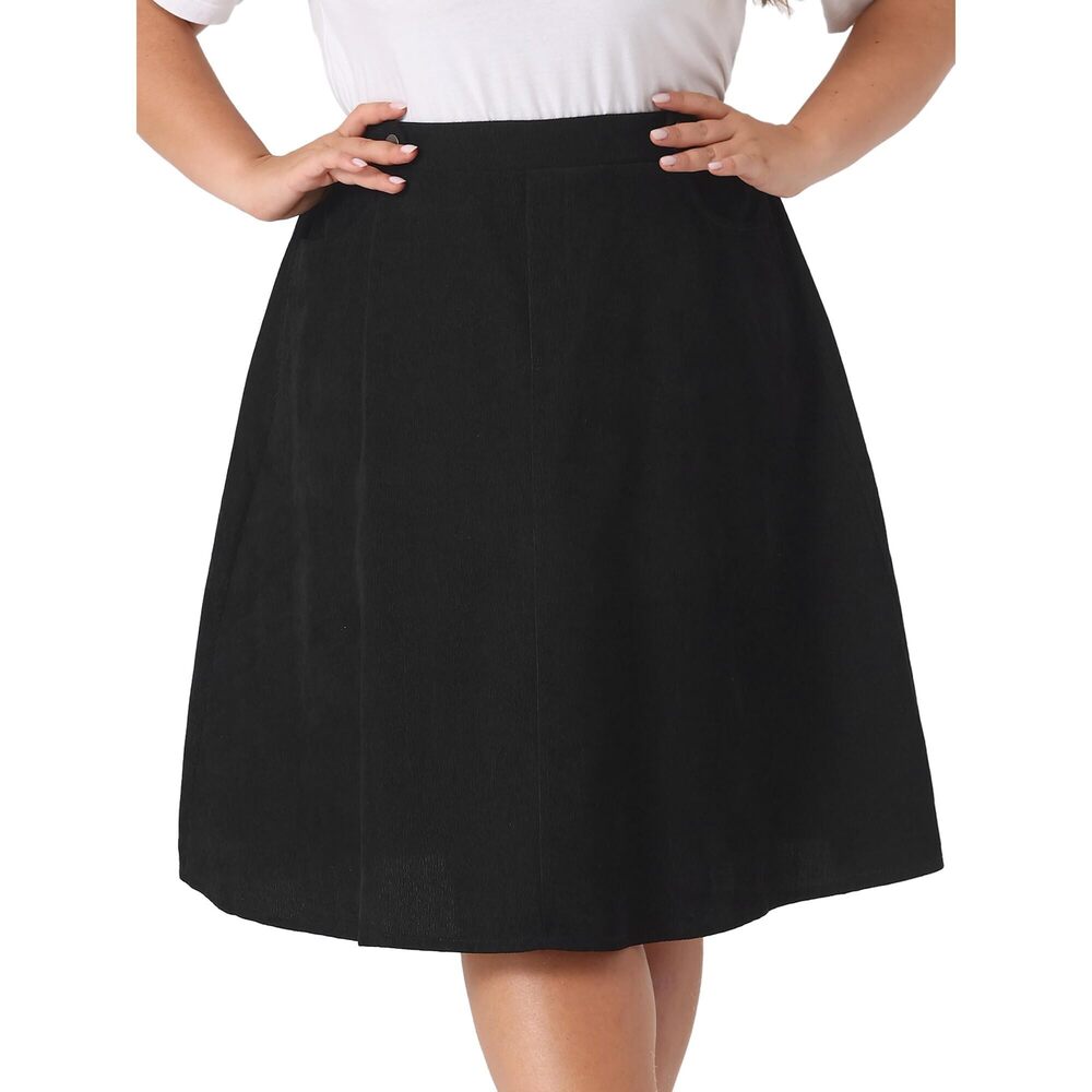 2367 Plus Size Corduroy Skirt Elastic High A Line with Pockets Midi Skirts - Picture 2 of 6
